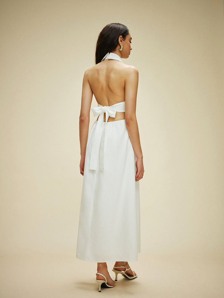 Robe Longue à Bretelles en Coton et Lin avec Détails de Poche et Fermeture à Lacets au Dos