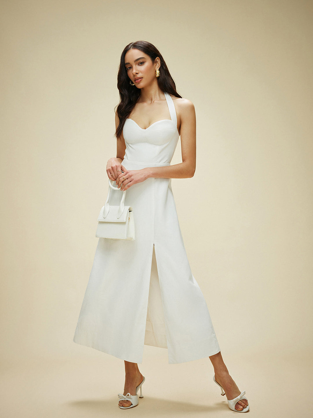 Robe à col bénitier en coton et lin avec nœud papillon