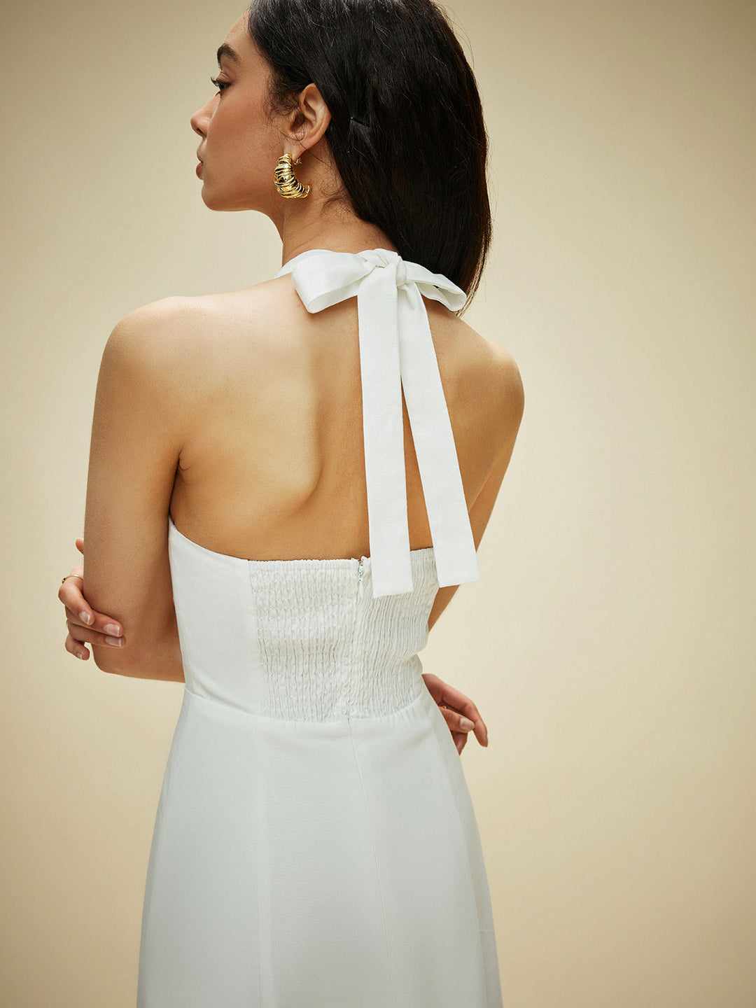 Robe à col bénitier en coton et lin avec nœud papillon