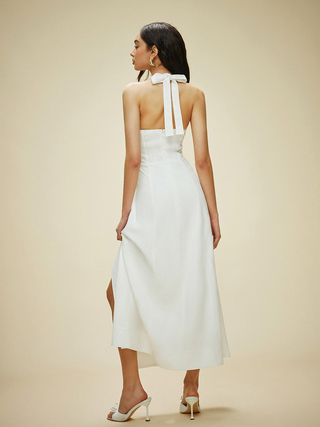 Robe à col bénitier en coton et lin avec nœud papillon