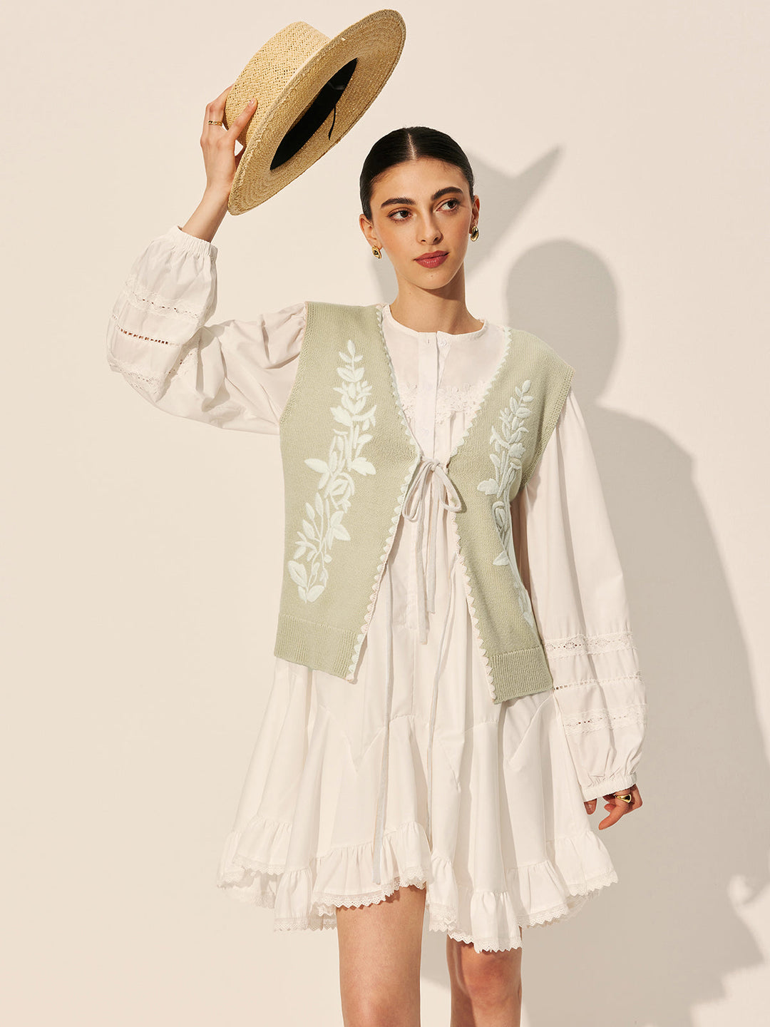 Gilet Boutonné à Fleurs Brodé