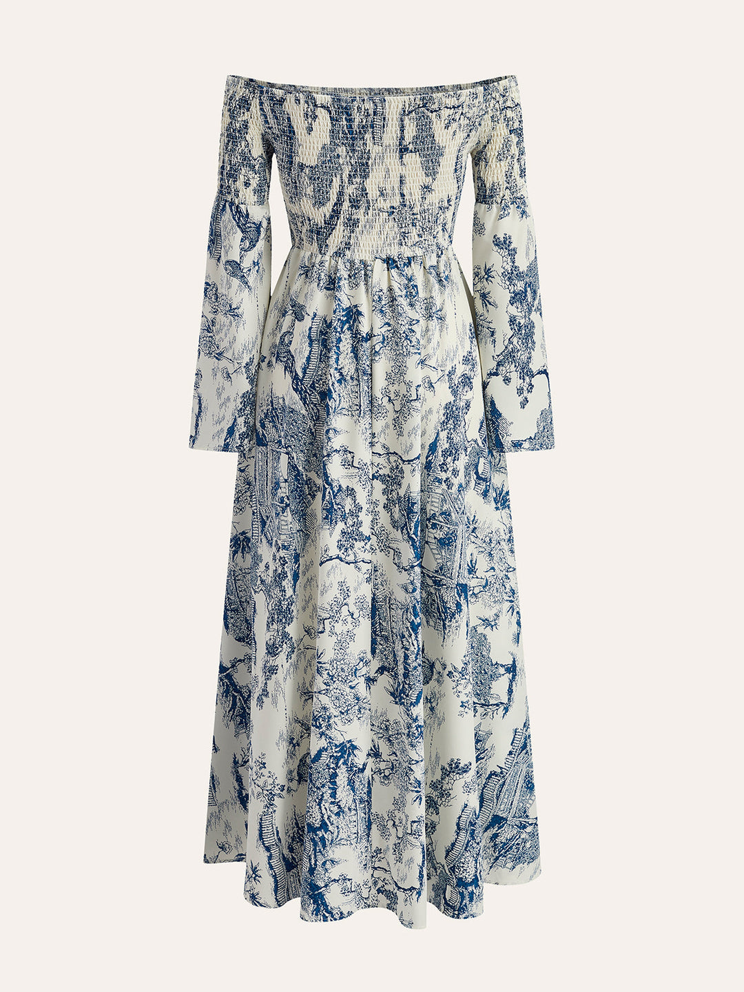Robe imprimée à épaules dénudées et smockées