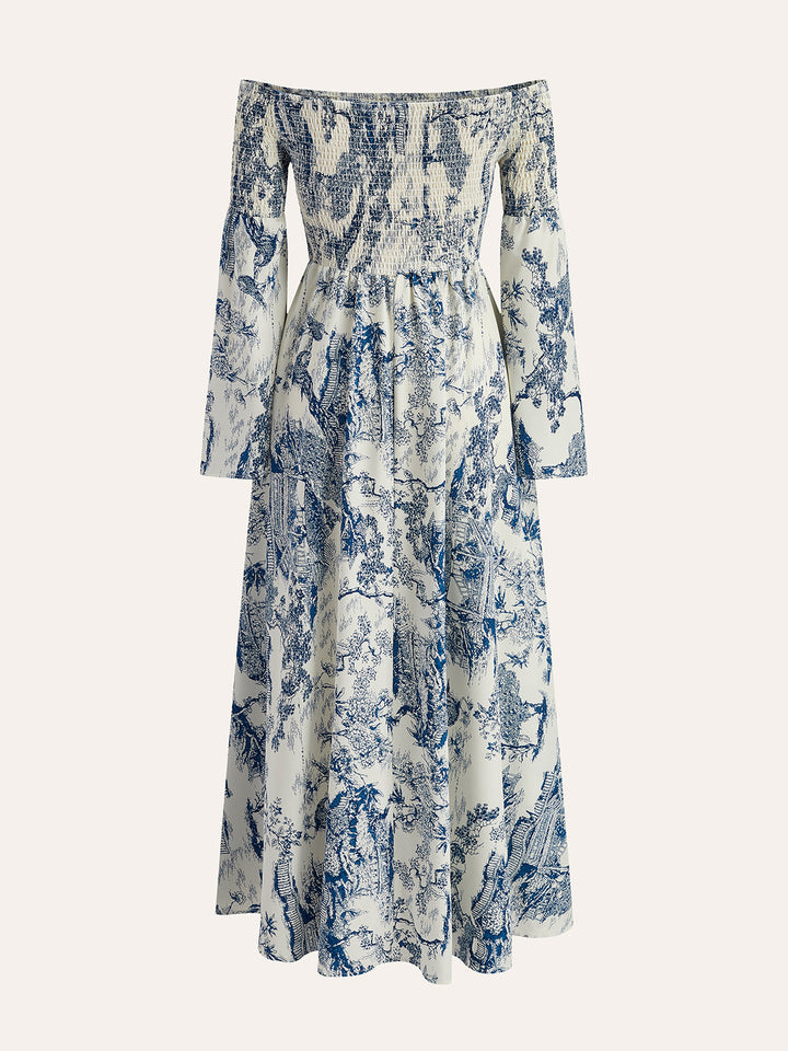Robe imprimée à épaules dénudées et smockées