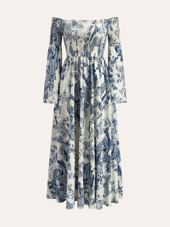 Robe imprimée à épaules dénudées et smockées