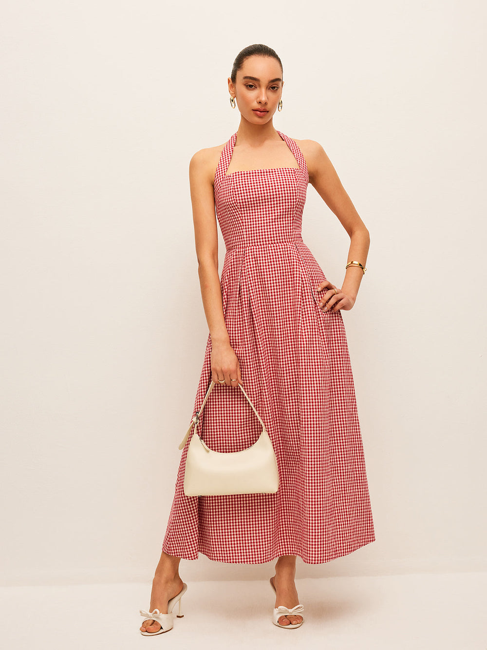Robe mi-longue à encolure américaine en coton et lin