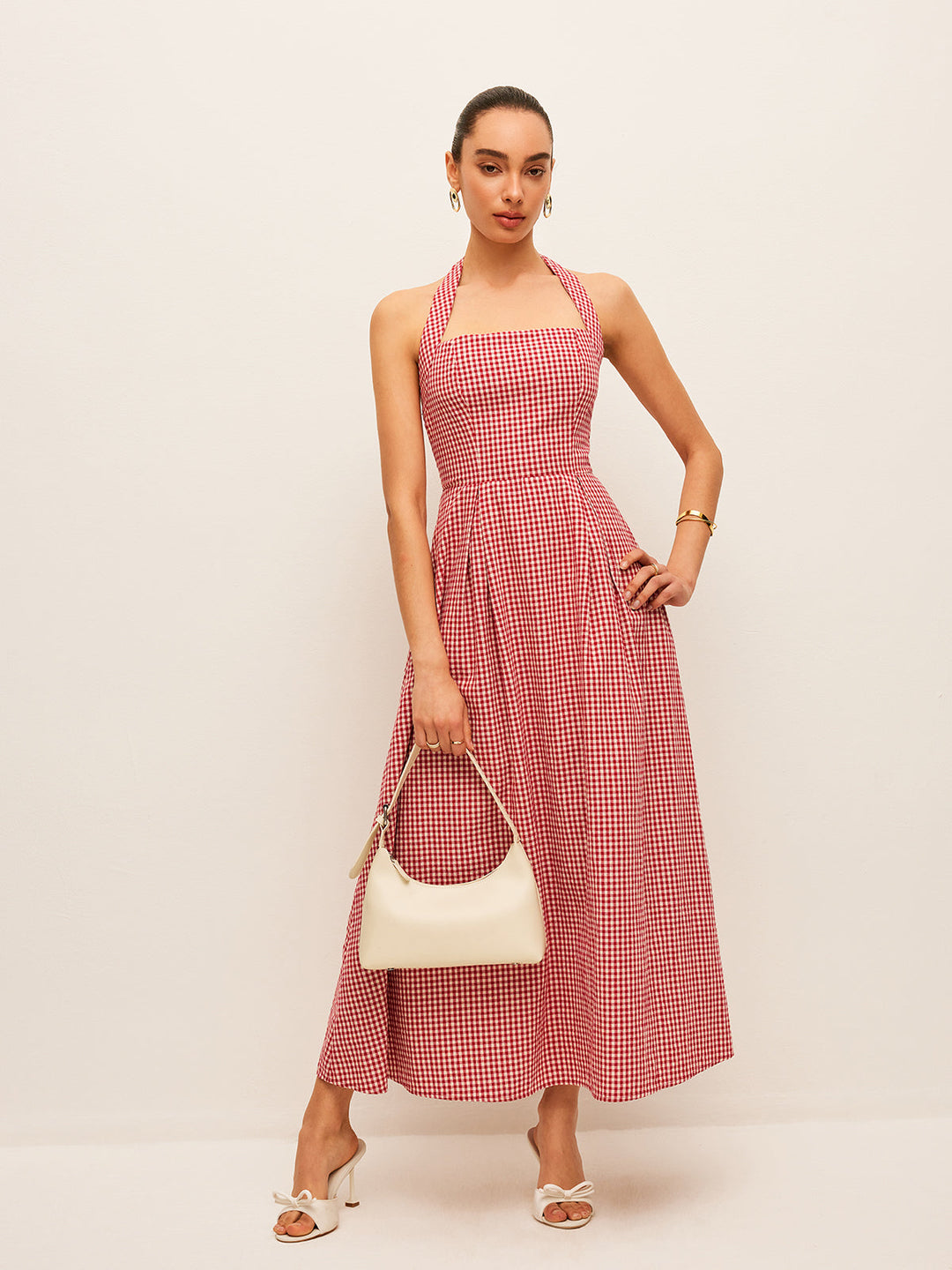 Robe mi-longue à encolure américaine en coton et lin