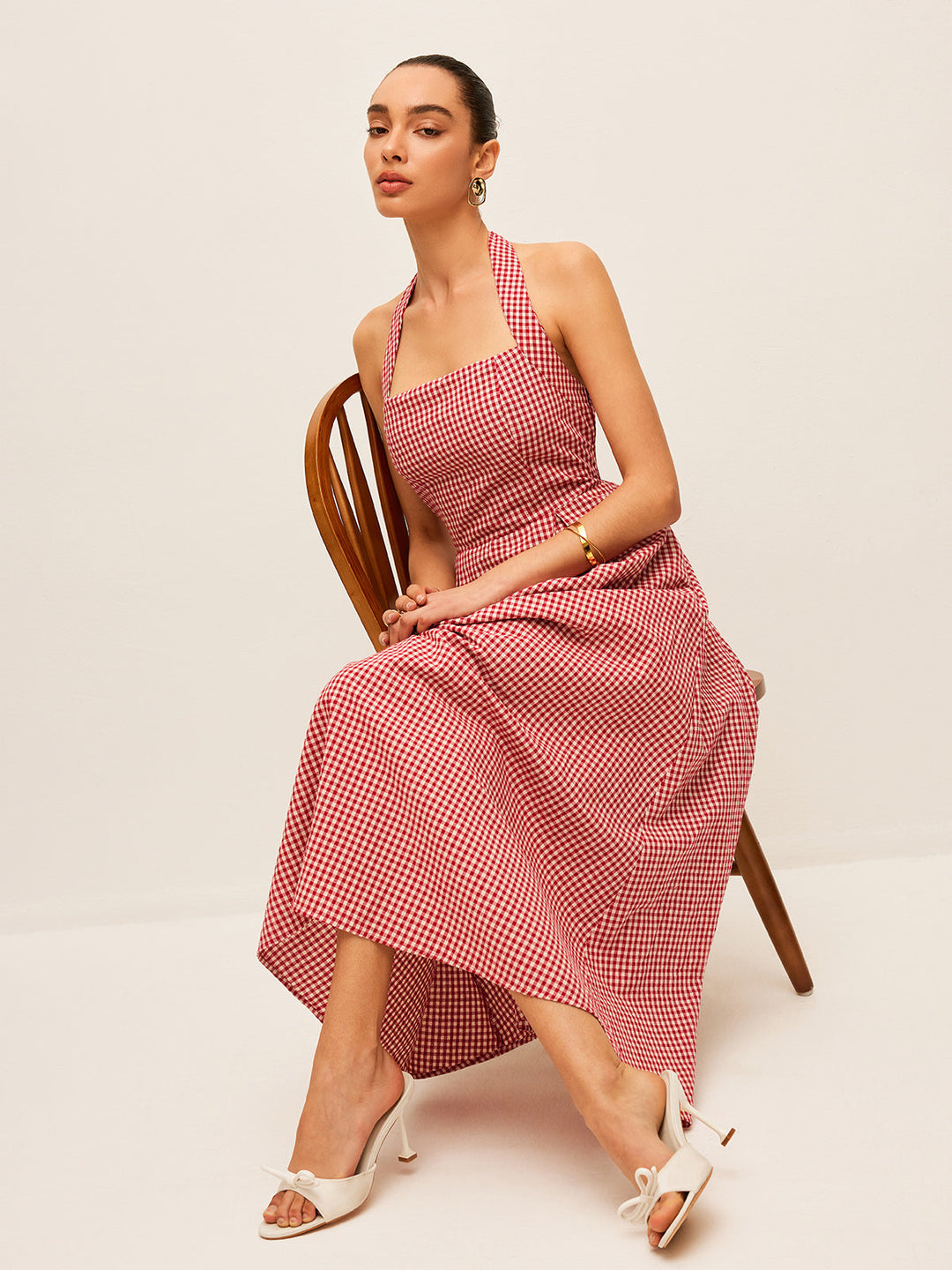 Robe mi-longue à encolure américaine en coton et lin