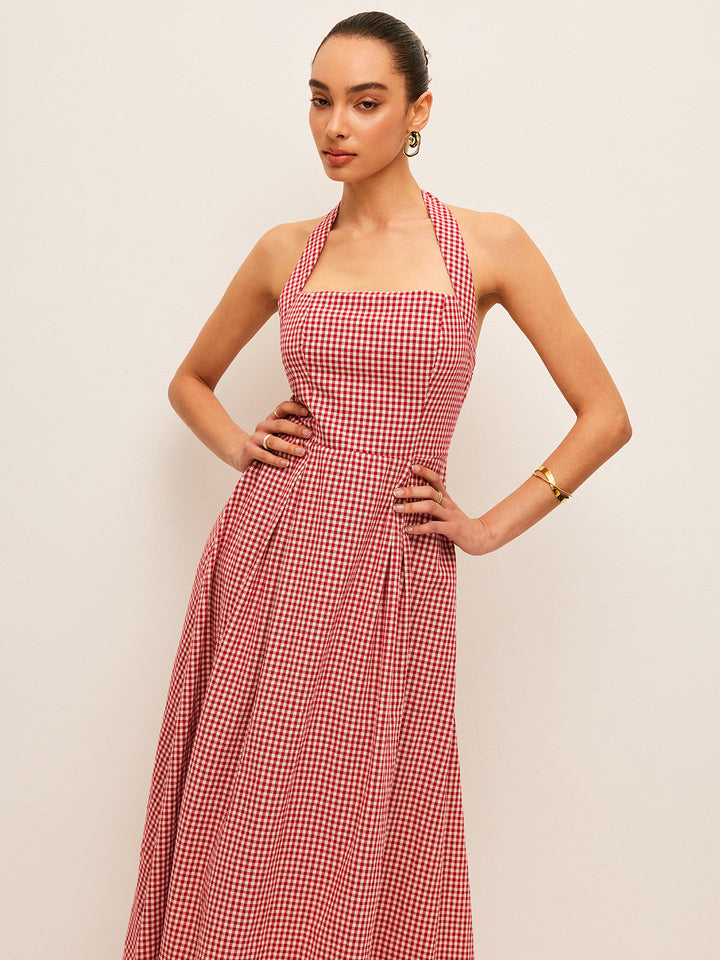 Robe mi-longue à encolure américaine en coton et lin