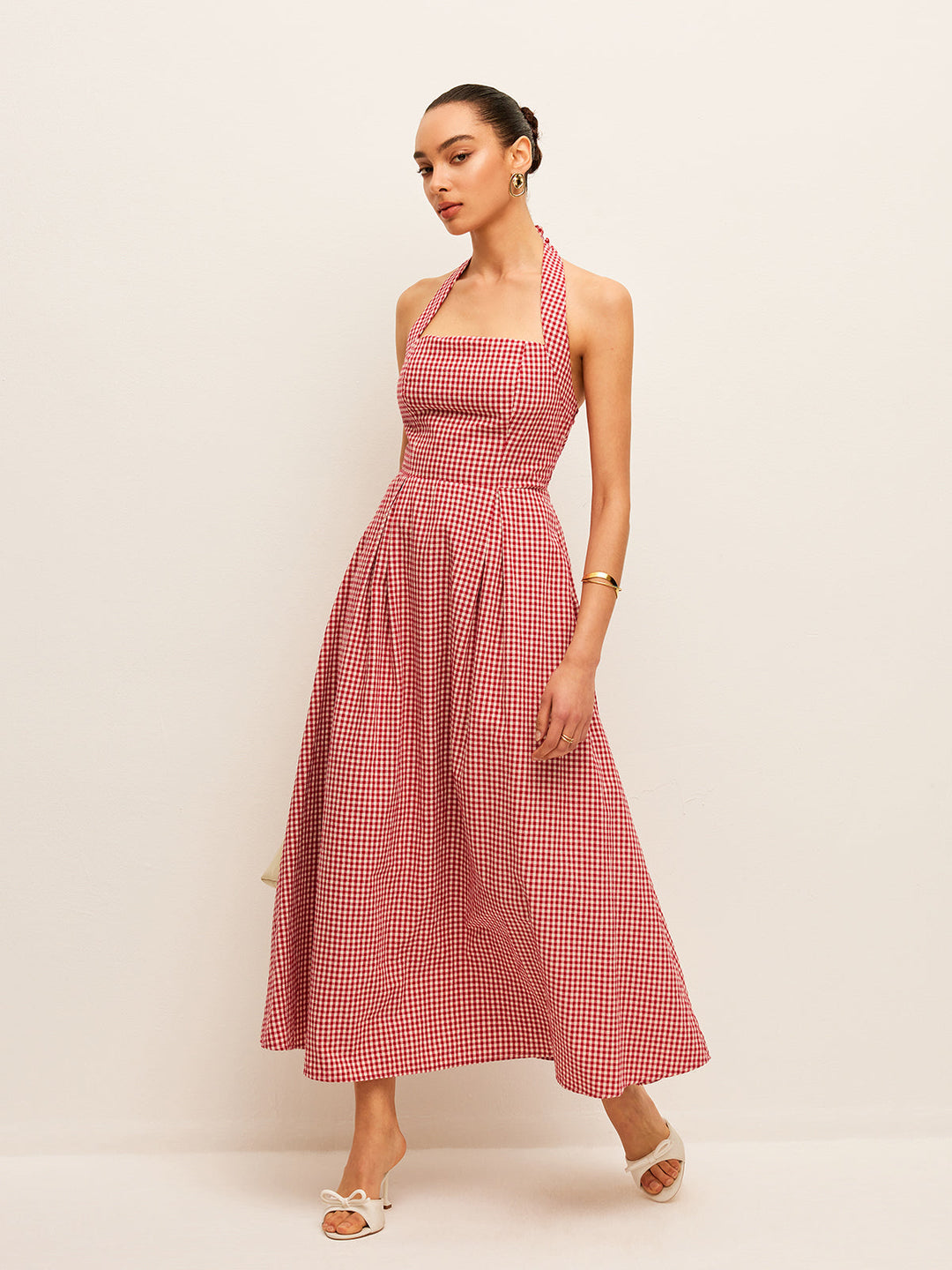 Robe mi-longue à encolure américaine en coton et lin