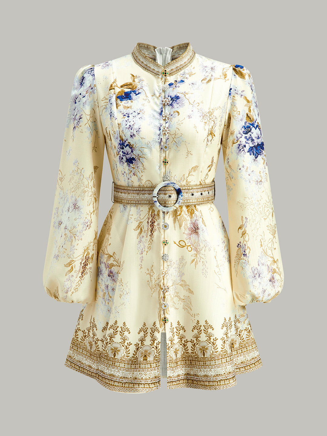 Robe à Manches Bouffantes Imprimé Floral avec Ceinture