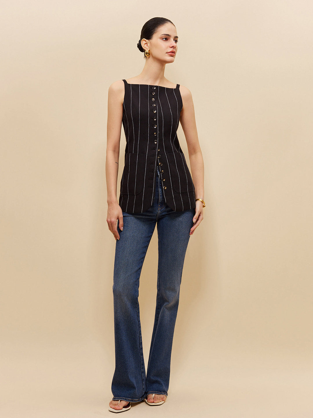 Gilet boutonné sans manches en lin et coton