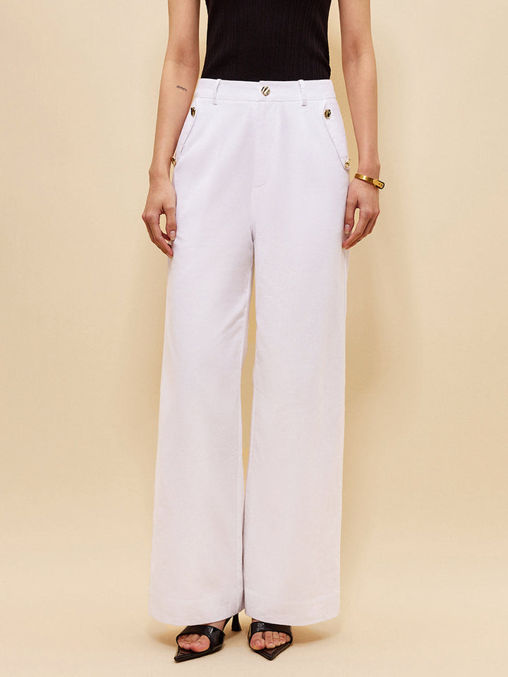 Pantalon mi-taille en lin et coton avec poches