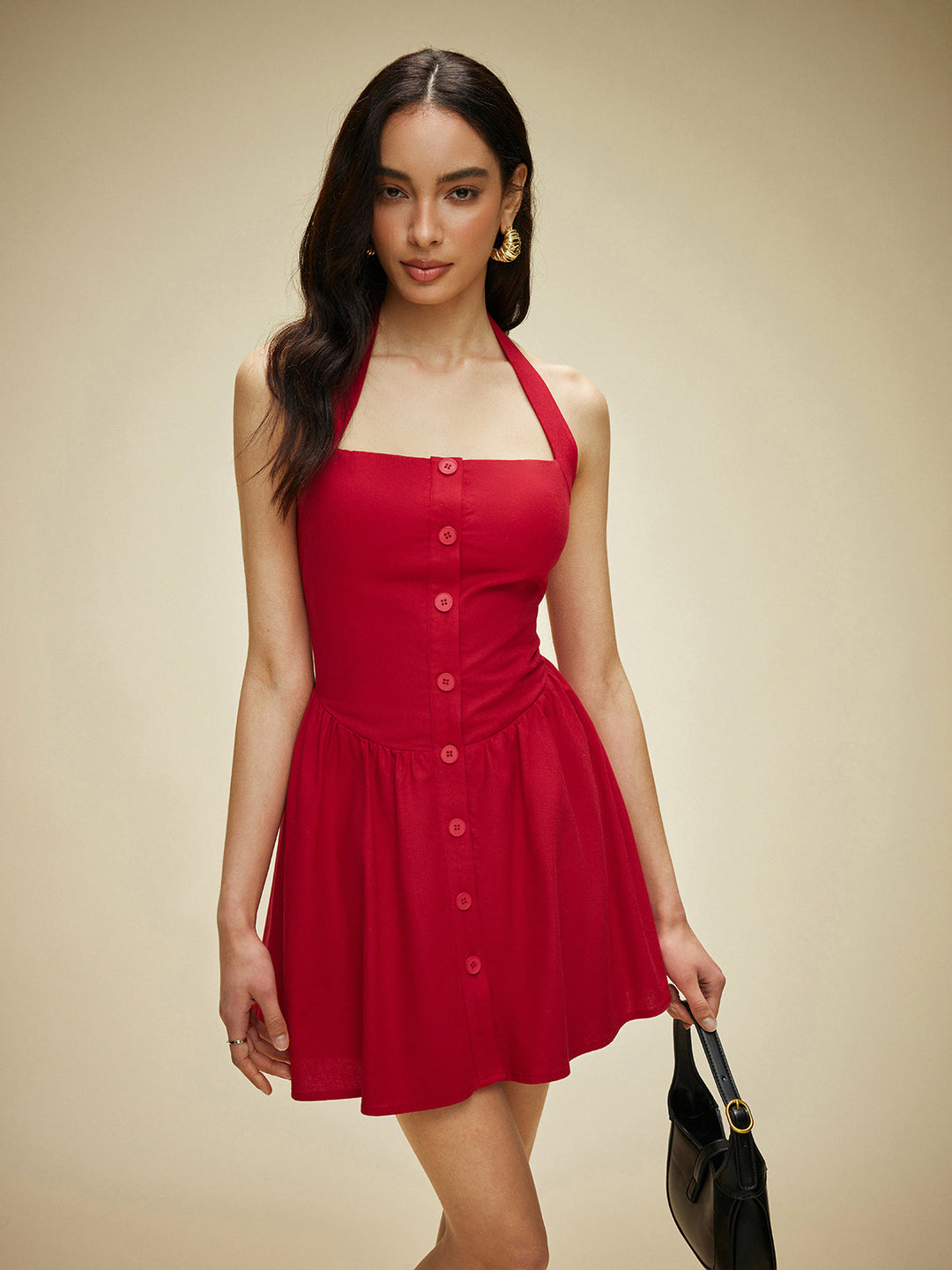Robe Longue en Coton et Lin à Col Montant et Boutons sur le Devant