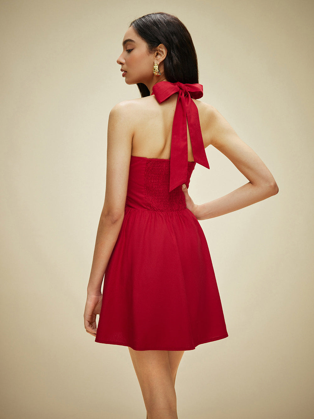 Robe Longue en Coton et Lin à Col Montant et Boutons sur le Devant