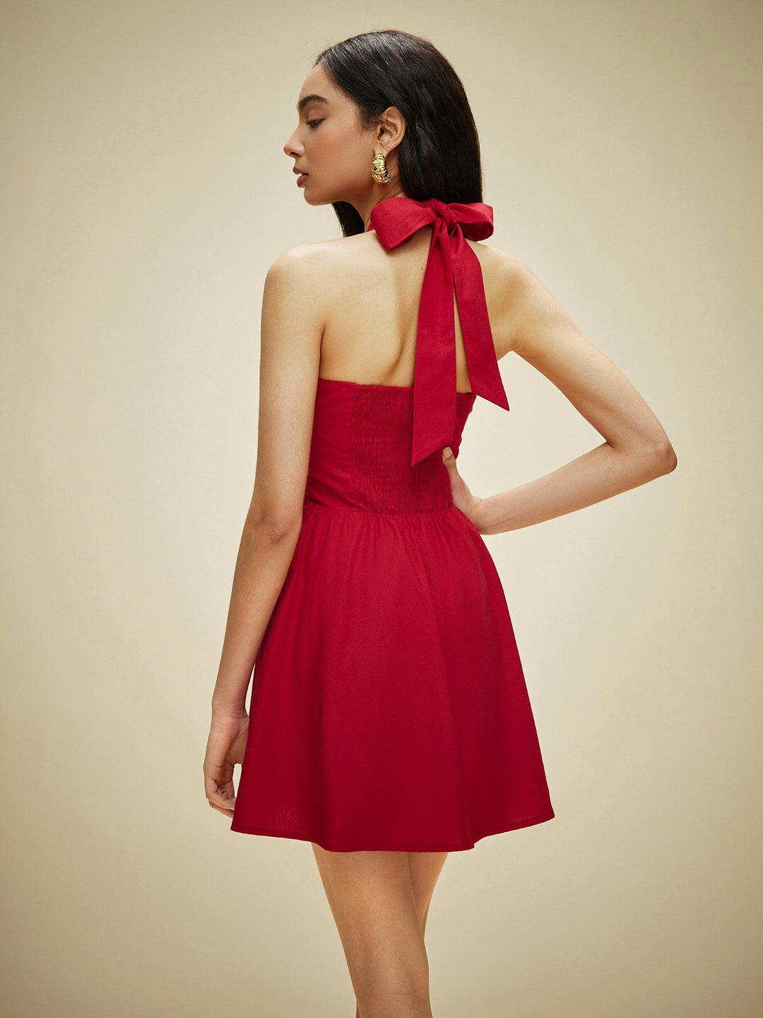 Robe Longue en Coton et Lin à Col Montant et Boutons sur le Devant