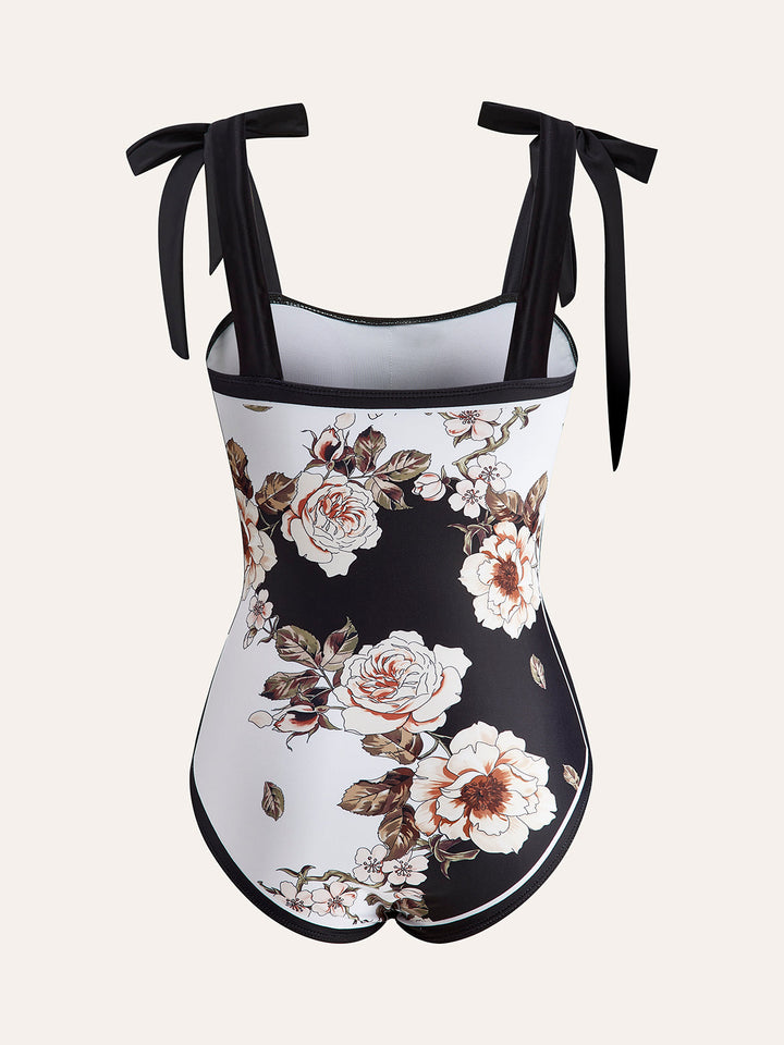 Maillot de bain une pièce à épaules fleuries avec paréo