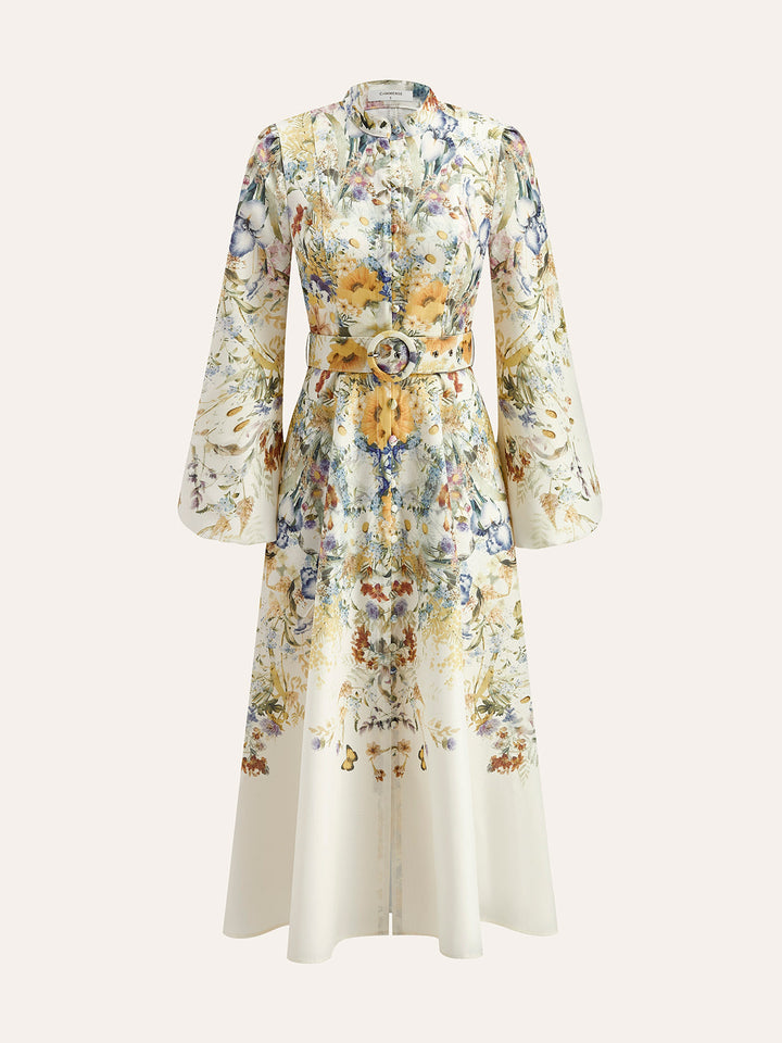 Robe Fleurie Ceinturée à Manches Ballons