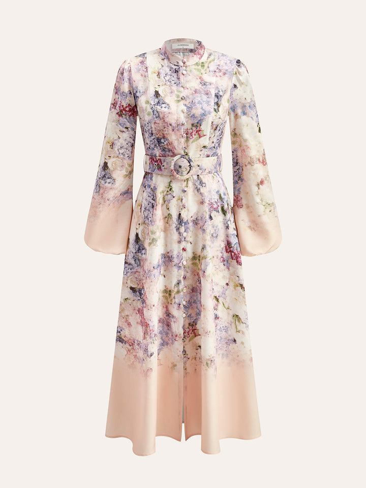Robe Fleurie Ceinturée à Manches Ballons