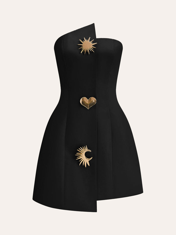 Robe Longue Satinée Asymétrique Ornée Sans Bretelles