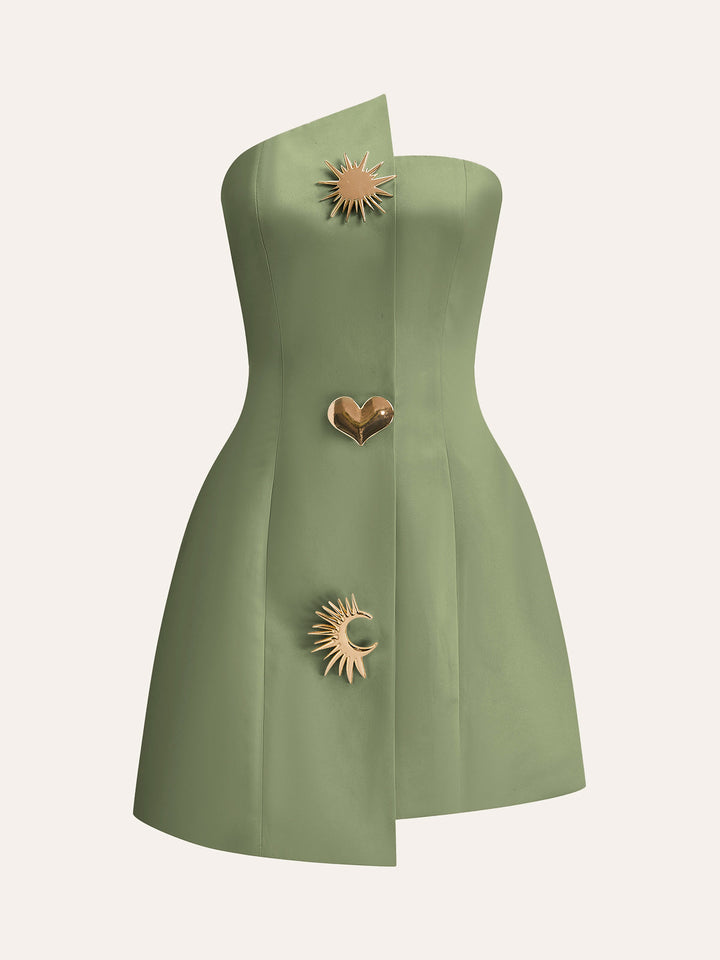 Robe Longue Satinée Asymétrique Ornée Sans Bretelles