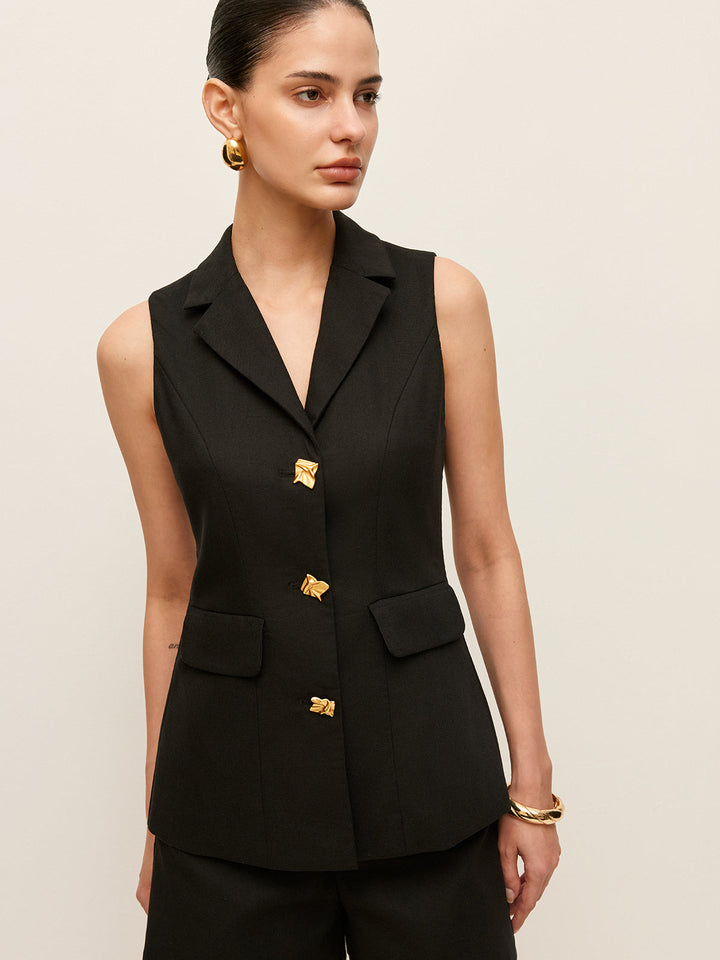 Gilet Boutonné en Coton et Lin avec Poches