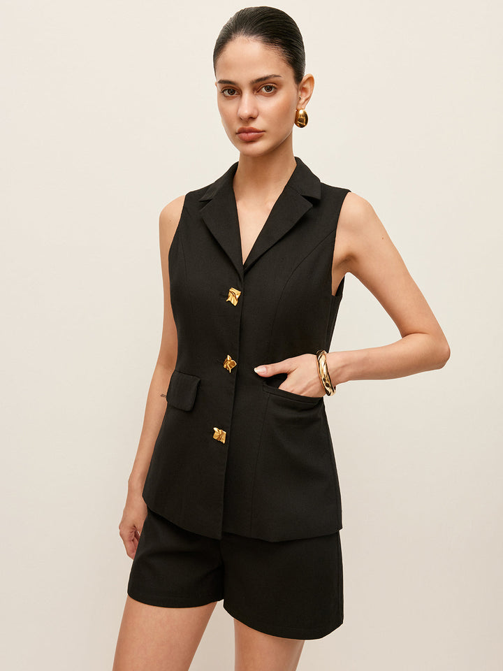 Gilet Boutonné en Coton et Lin avec Poches