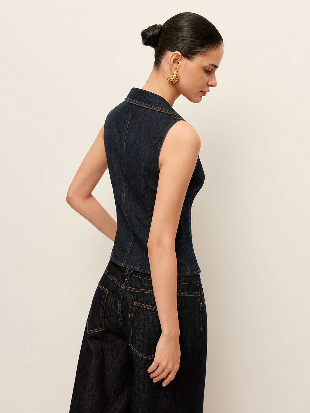 Gilet Collared en Jean avec Détail de Boutons Floraux