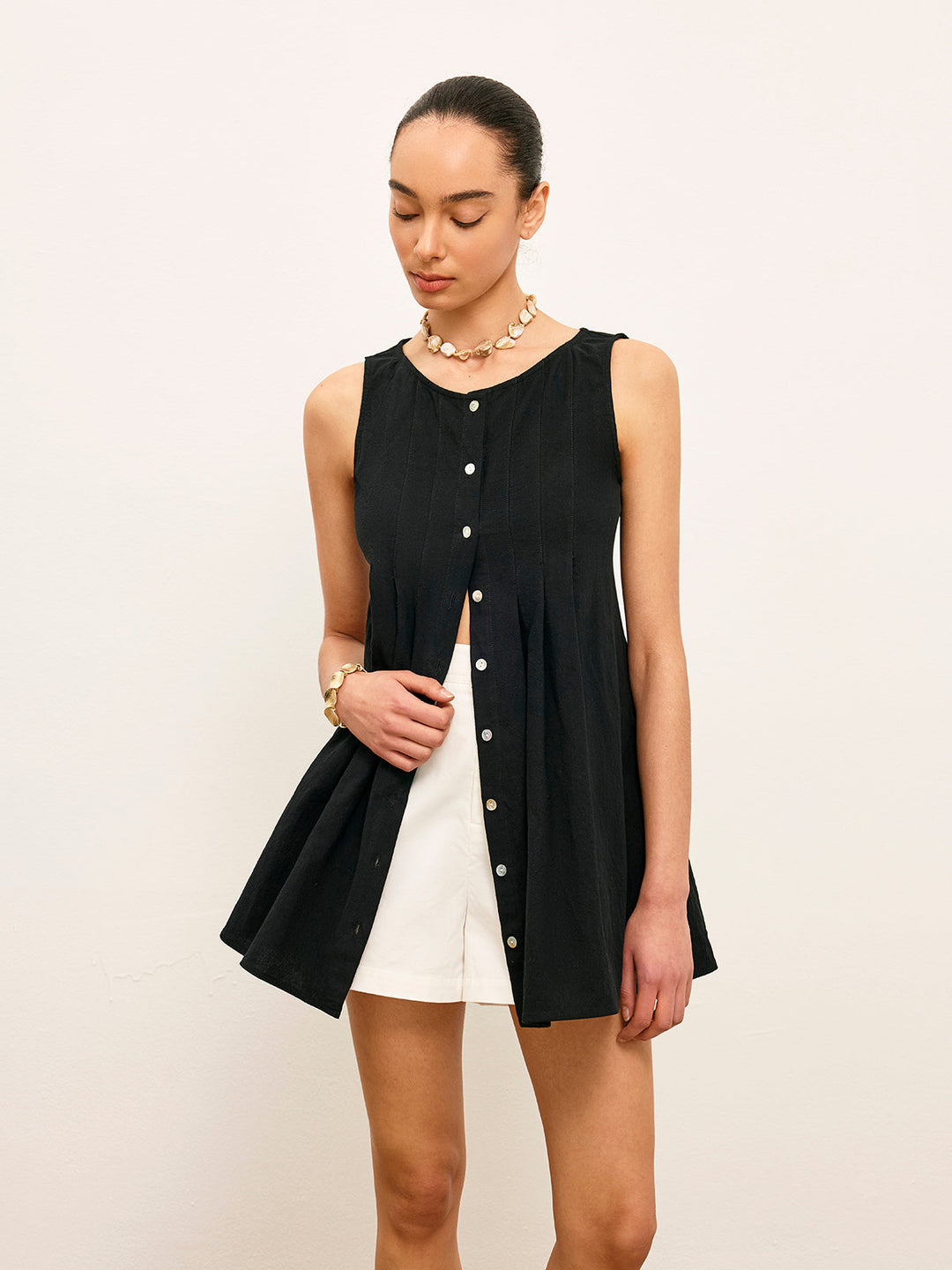 Haut Boutonné Plissé Coton & Lin