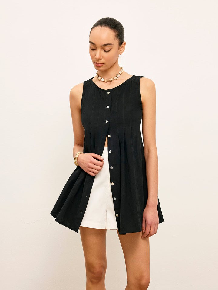 Haut Boutonné Plissé Coton & Lin