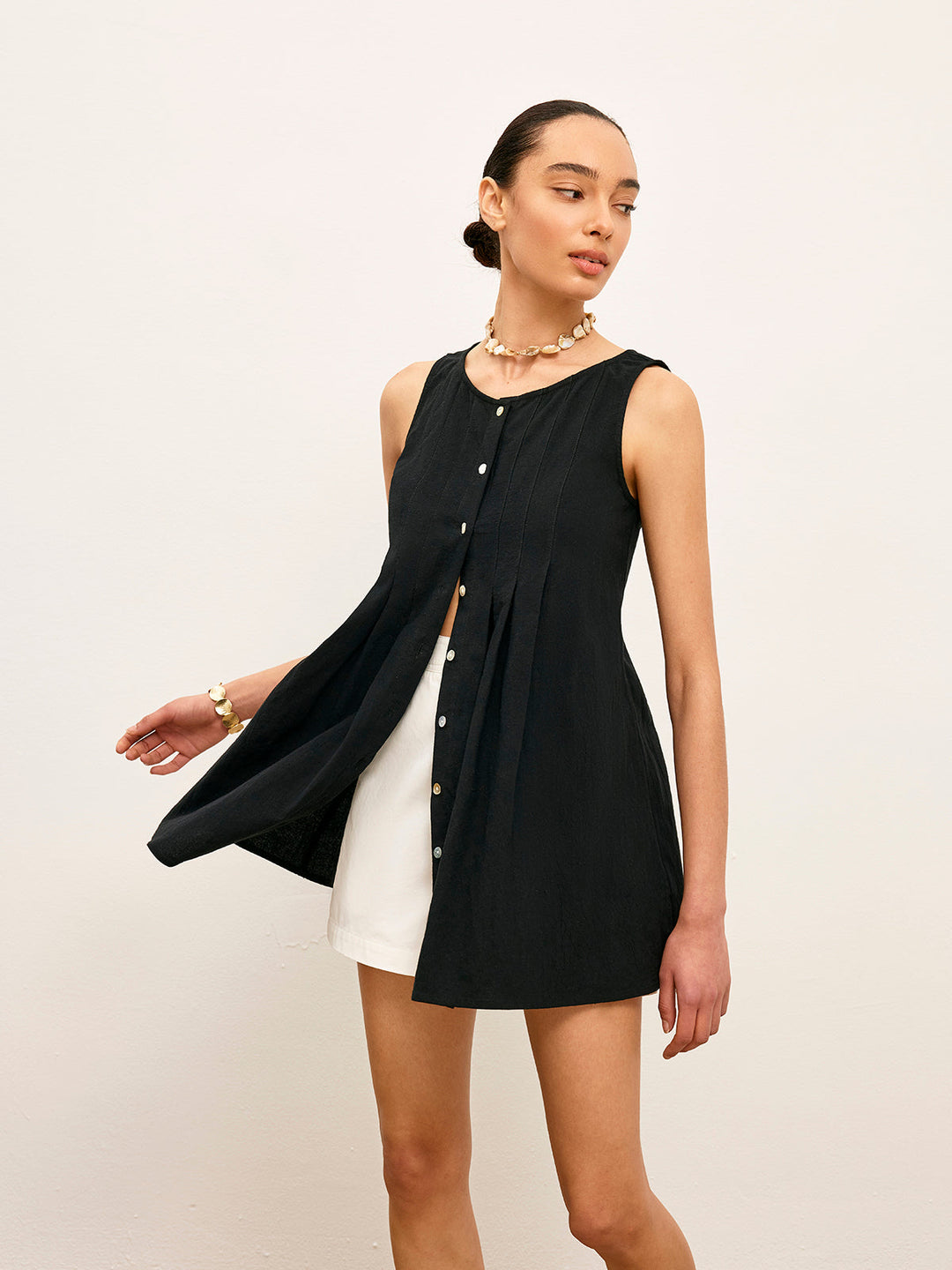 Haut Boutonné Plissé Coton & Lin