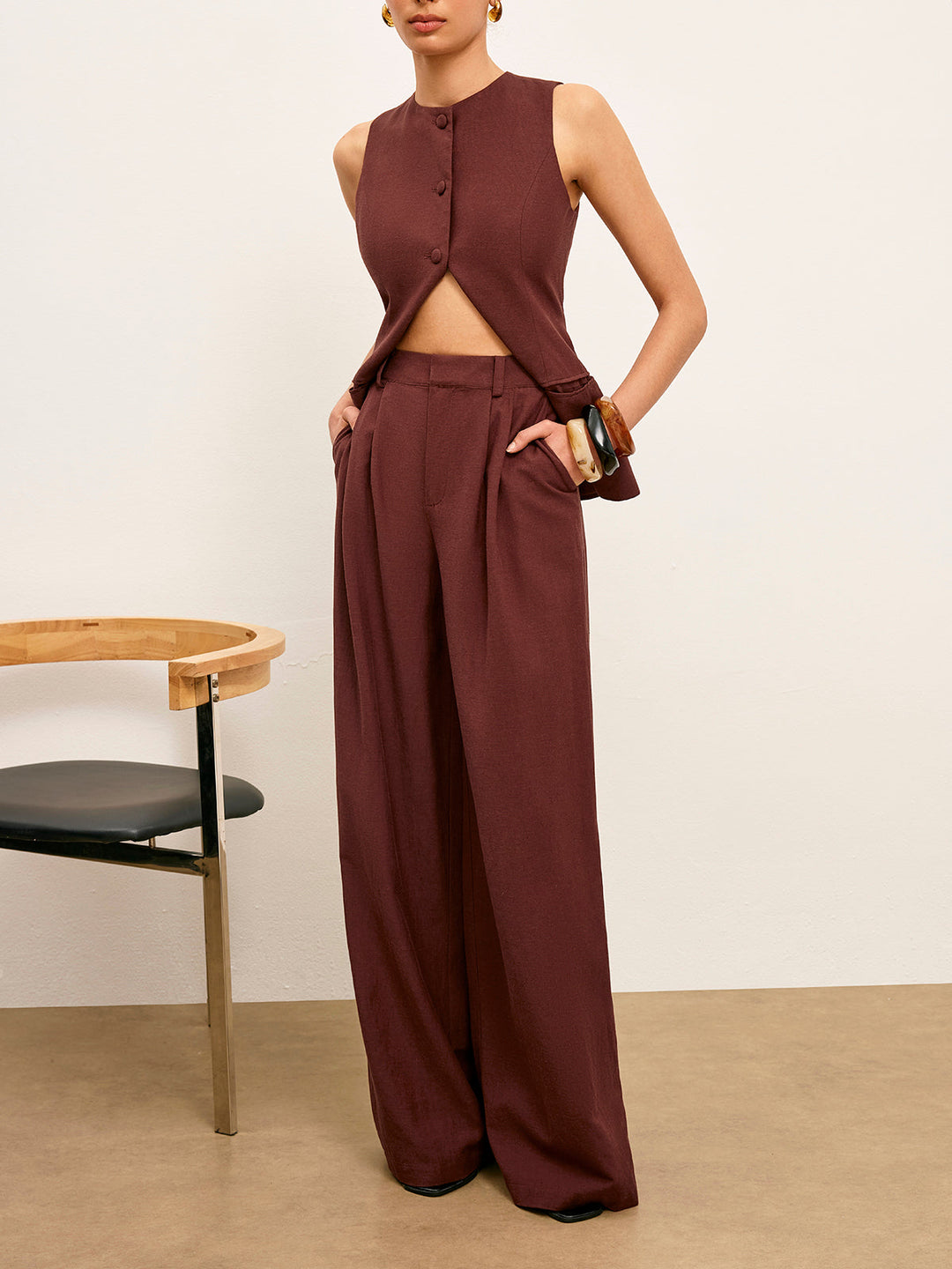 Pantalons Large Mi-Taille Avec Poches