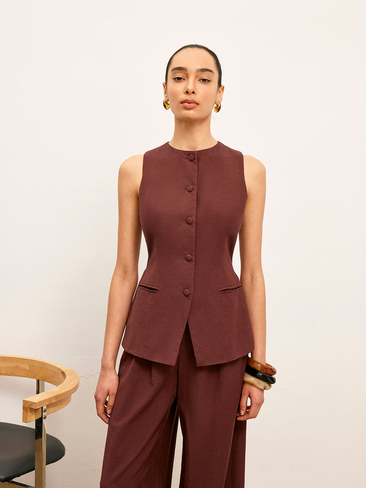 Gilet Boutonné avec Détails de Poche