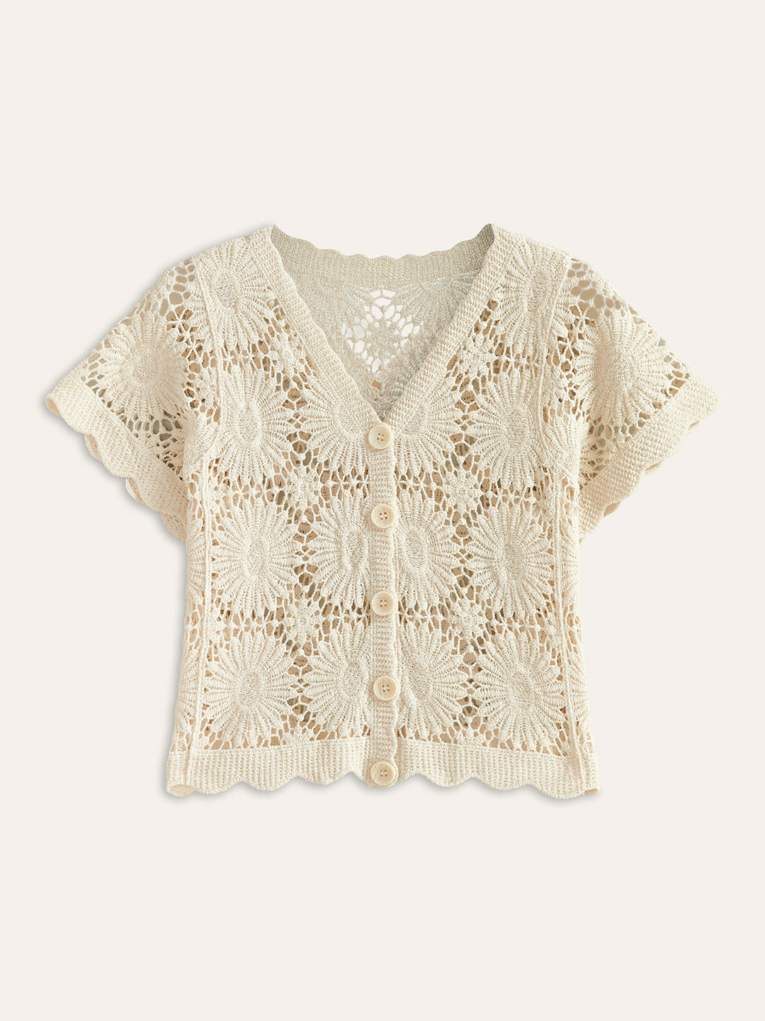 Cardigan Boutonné Fleuri au Crochet