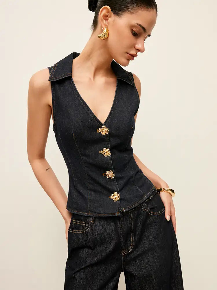 Gilet Collared en Jean avec Détail de Boutons Floraux