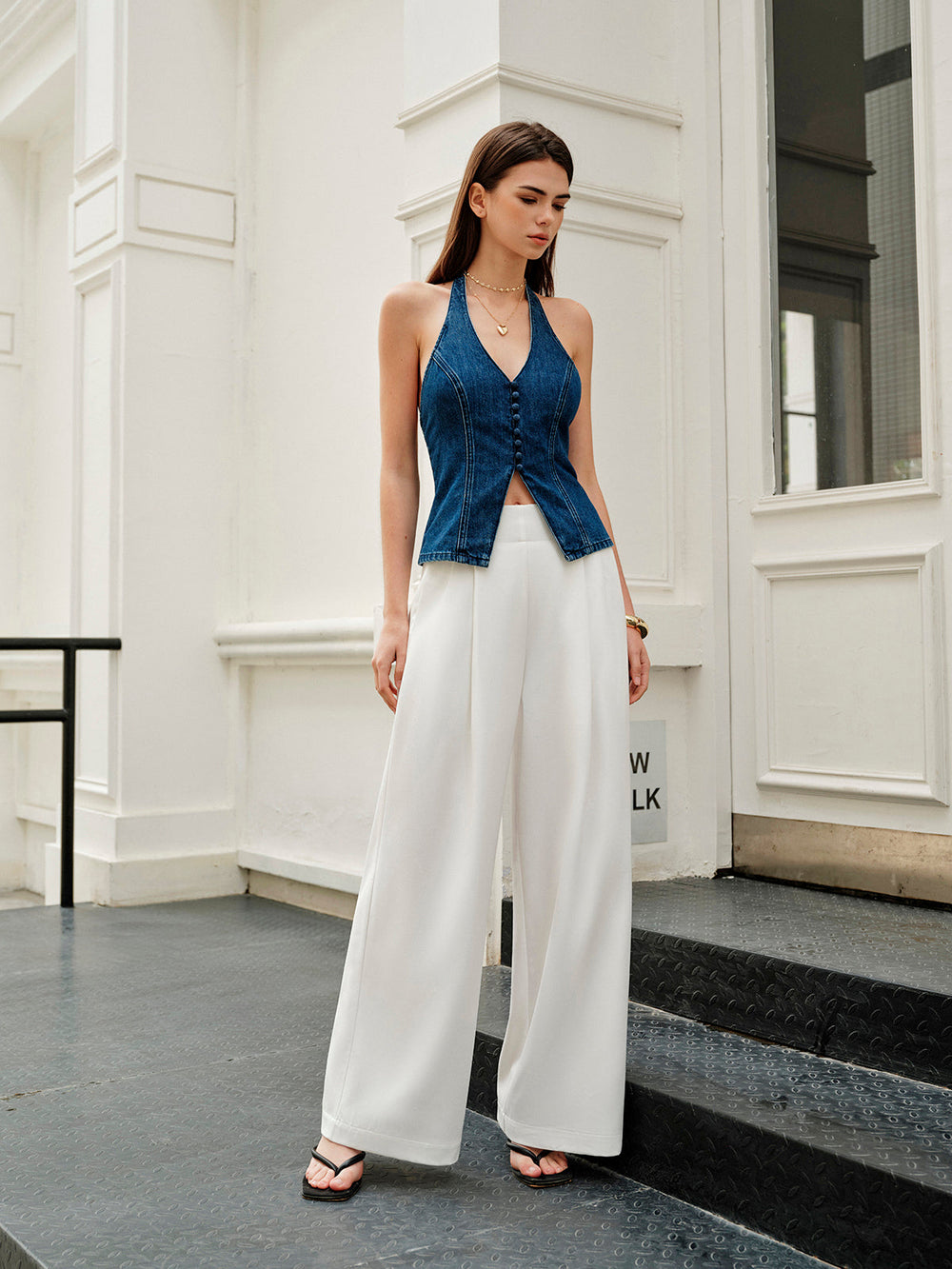 Halter Neck Button Detail Denim Top