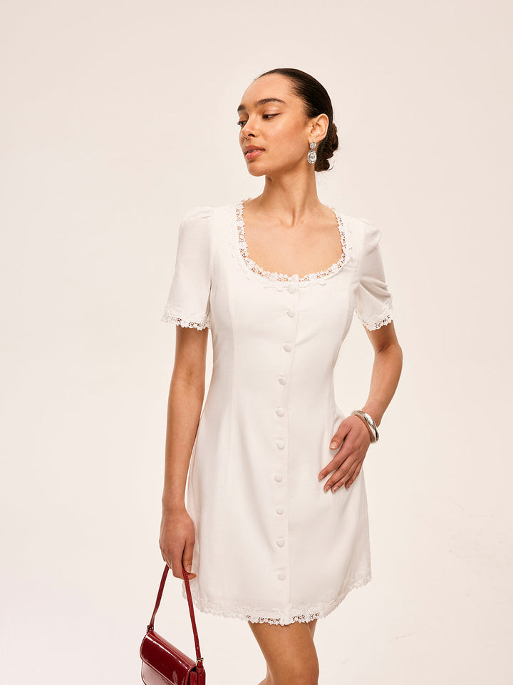 Robe Boutonnée en Coton et Lin à Bordure en Dentelle