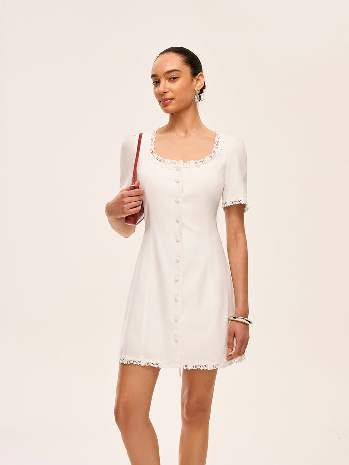 Robe Boutonnée en Coton et Lin à Bordure en Dentelle