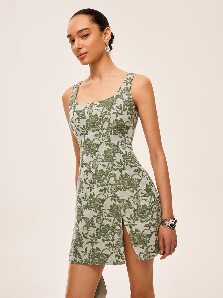 Robe Carré Imprimé Floral avec Fait Main Avec Fente Latérale