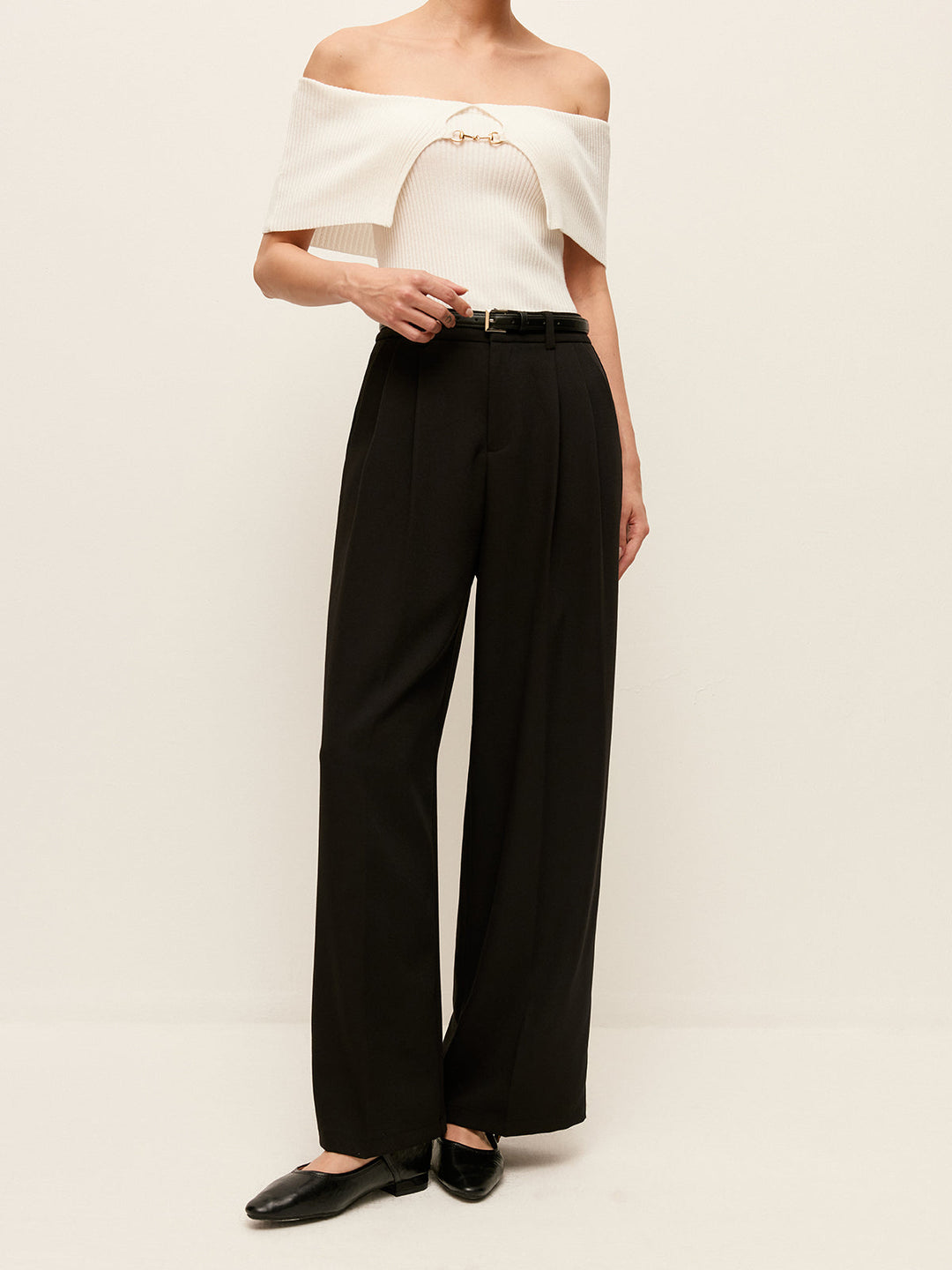 Pantalon Palazzo à Taille Haute et Ceinture avec Poches