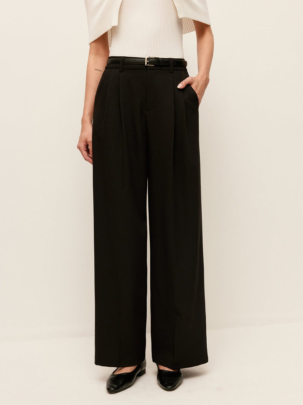 Pantalon Palazzo à Taille Haute et Ceinture avec Poches