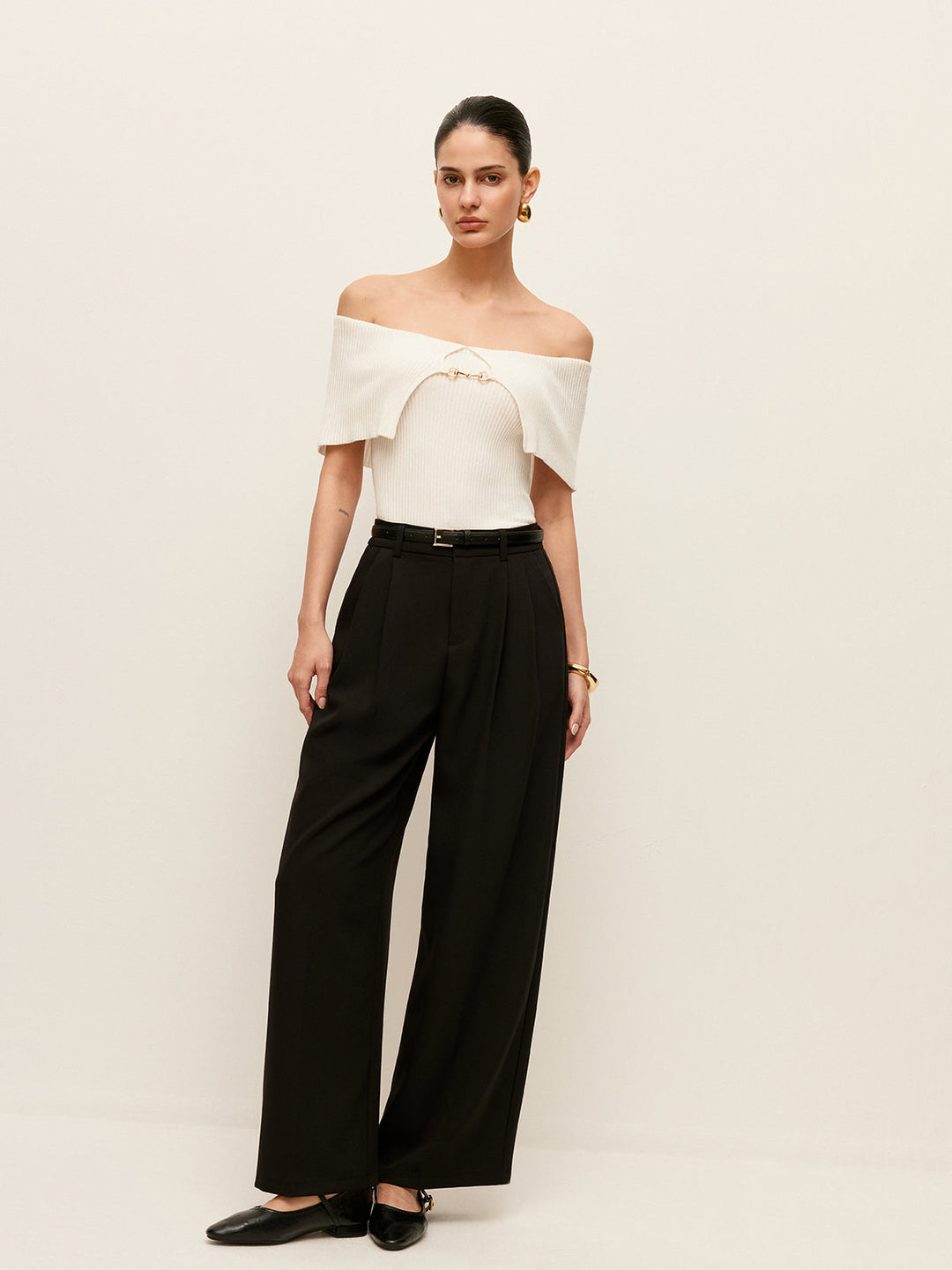 Pantalon Palazzo à Taille Haute et Ceinture avec Poches