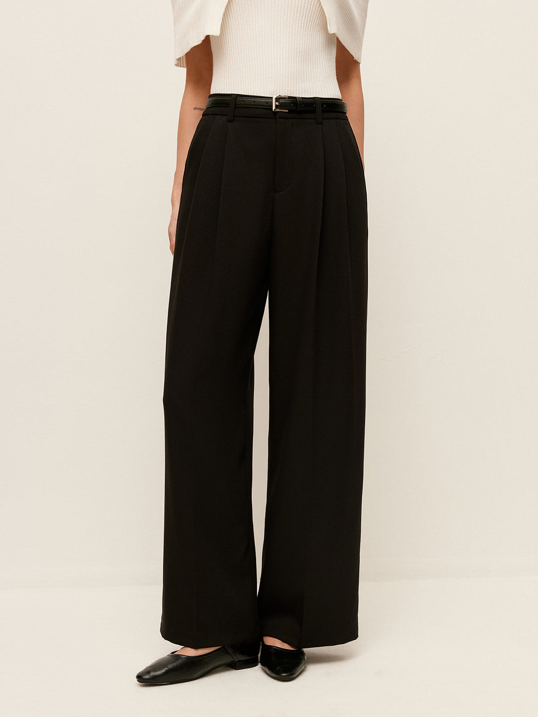 Pantalon Palazzo à Taille Haute et Ceinture avec Poches