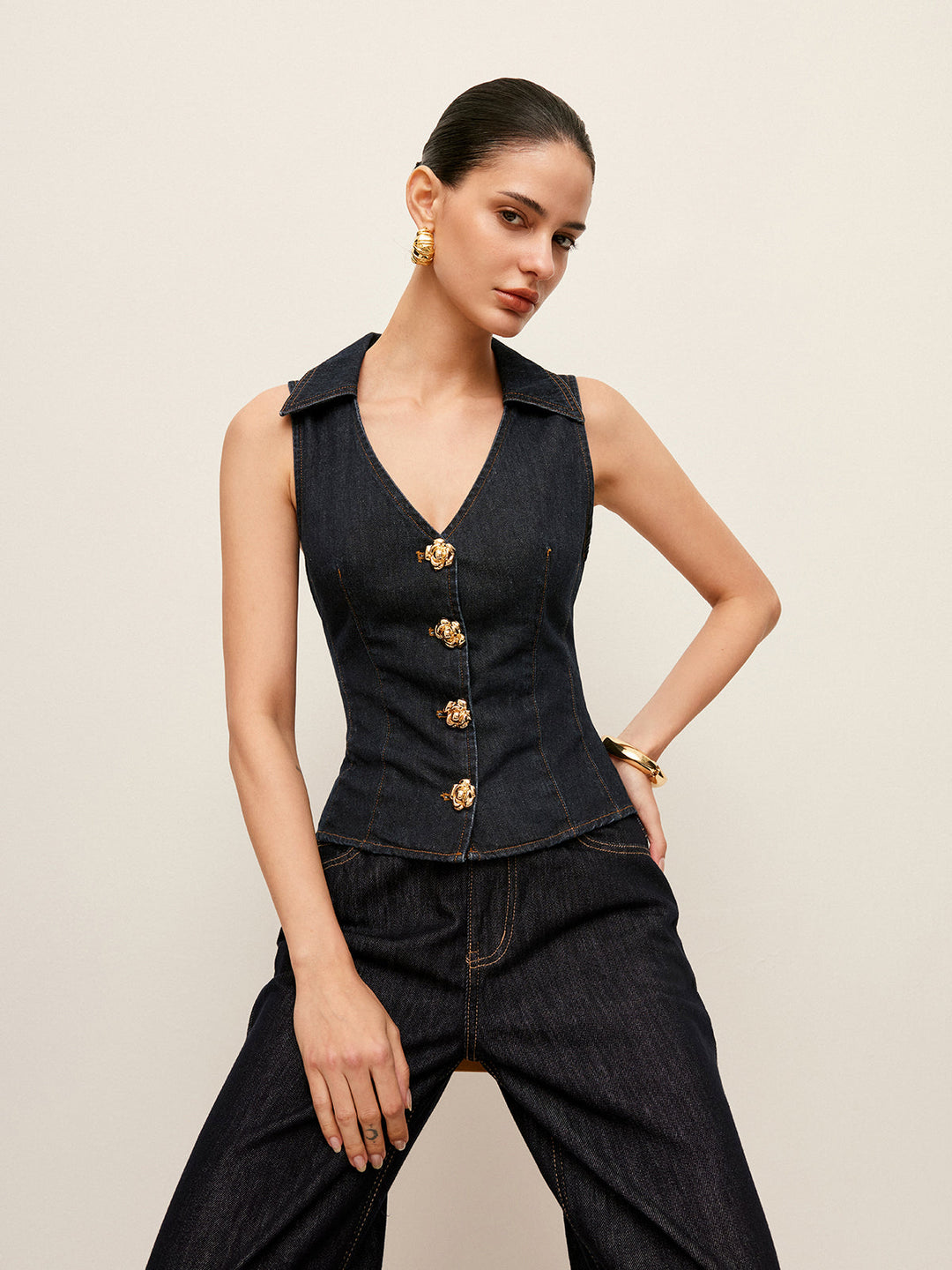 Gilet Collared en Jean avec Détail de Boutons Floraux