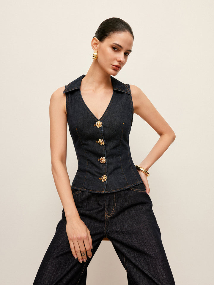 Gilet Collared en Jean avec Détail de Boutons Floraux