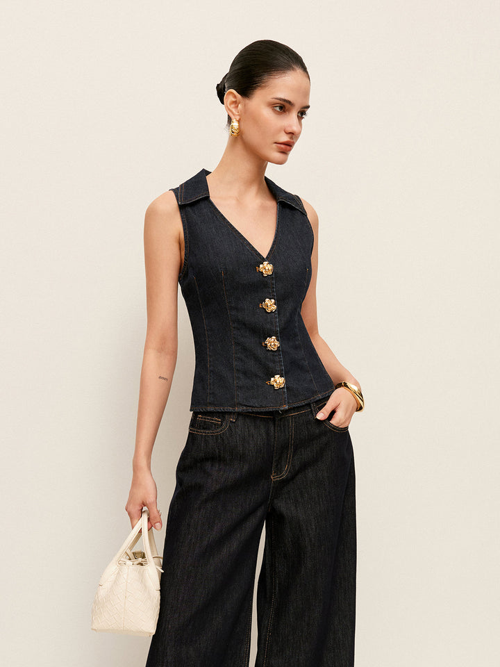 Gilet Collared en Jean avec Détail de Boutons Floraux