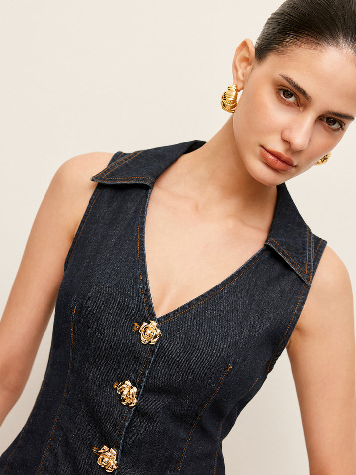 Gilet Collared en Jean avec Détail de Boutons Floraux