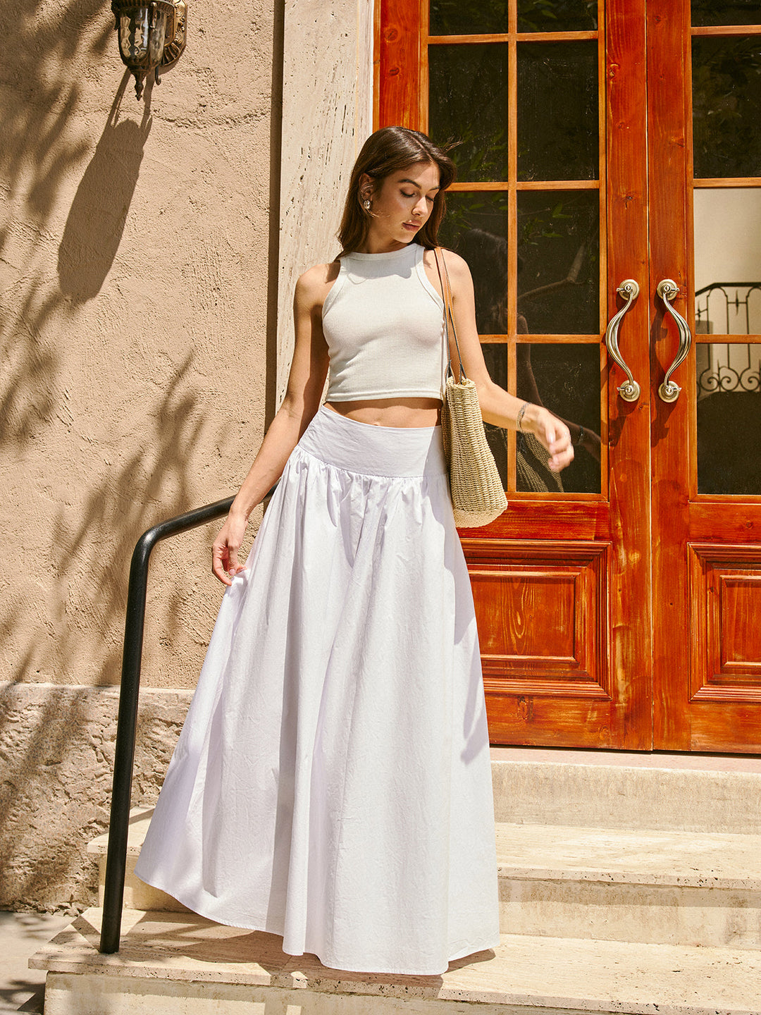 Jupe Longue Plissée Coton Mi-Taille