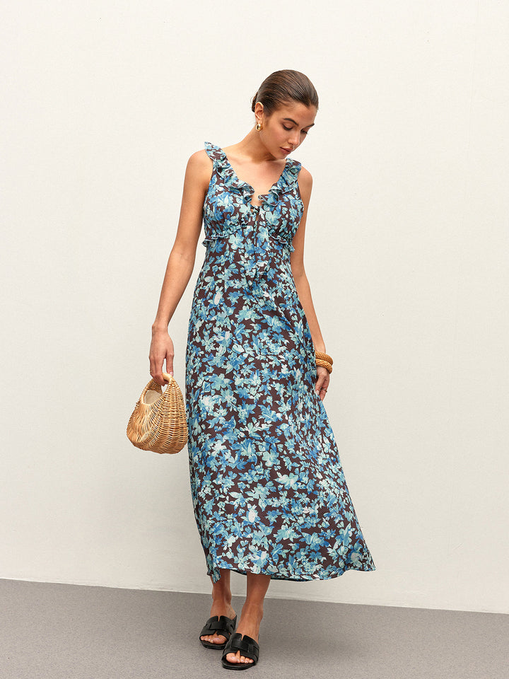 Robe Mi-Longue à Col en V et Bordure Festonnée Florale avec Fermeture Éclair
