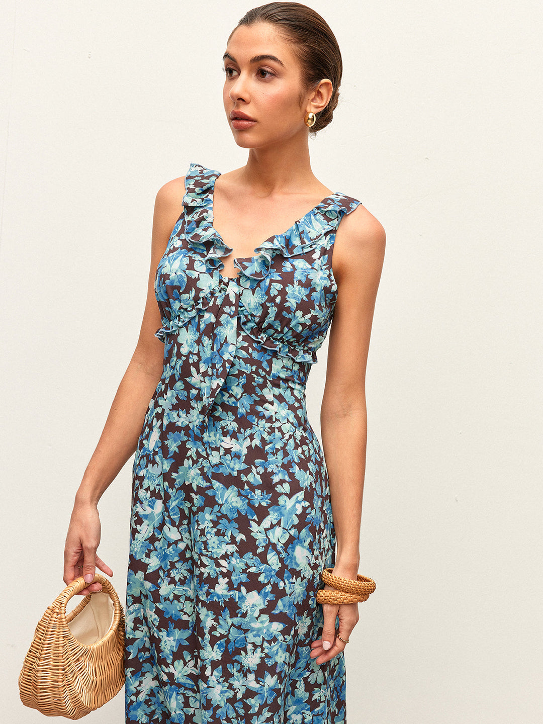 Robe Mi-Longue à Col en V et Bordure Festonnée Florale avec Fermeture Éclair