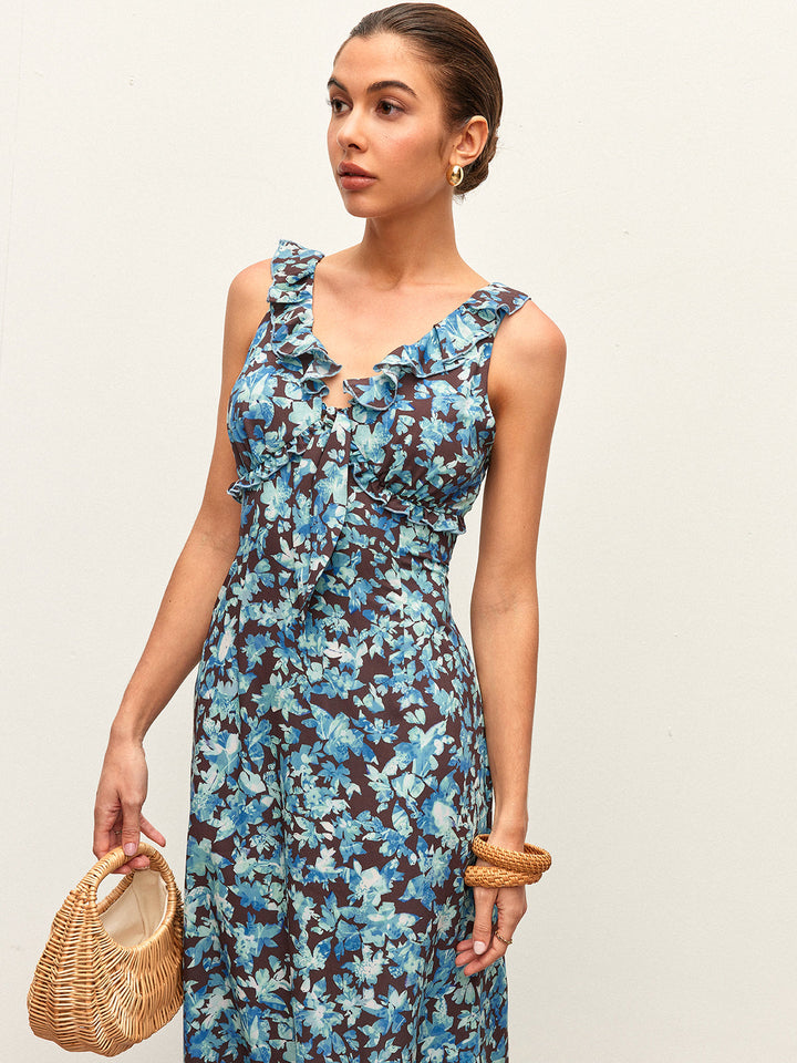 Robe Mi-Longue à Col en V et Bordure Festonnée Florale avec Fermeture Éclair